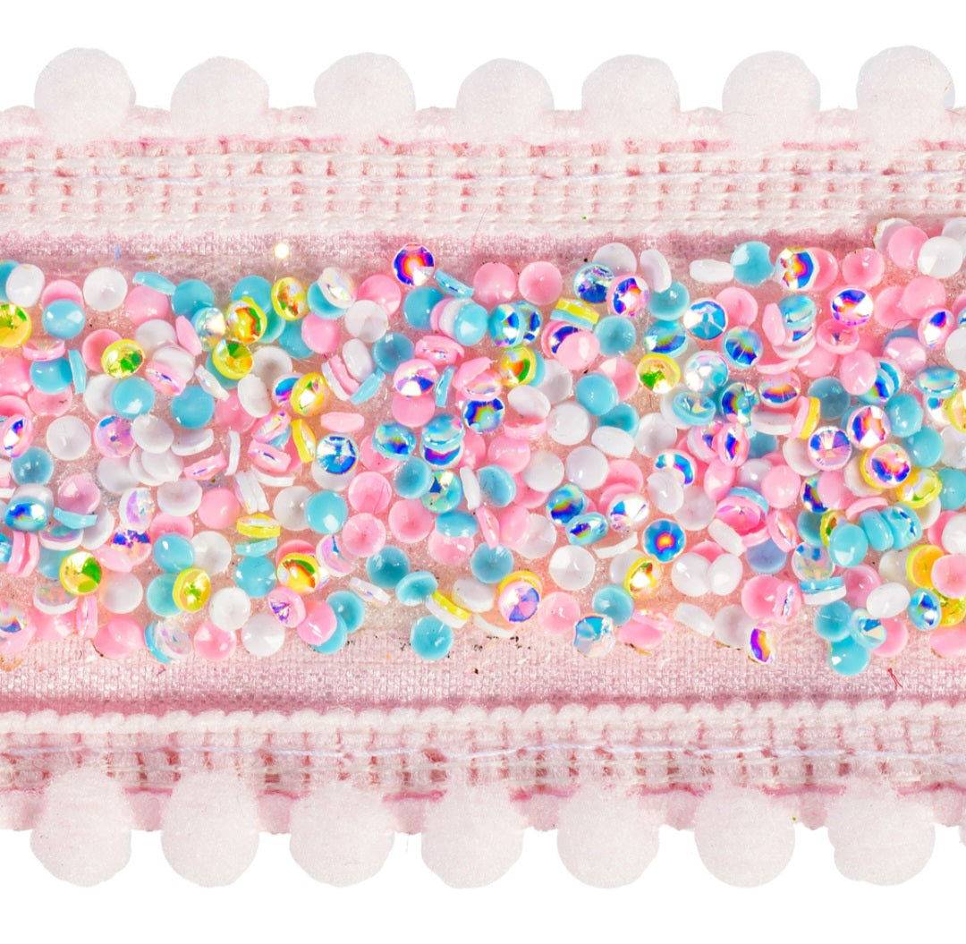 Pink iridescent Pom Trim Ribbon 1.5 inches x 10 yards